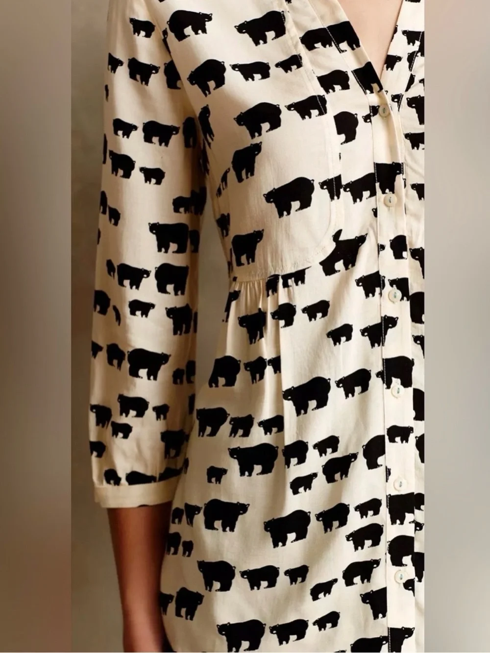 Maeve by Anthropologie Ivory and Black Printed Button-Front Blouse with bears - Picture 3 of 7